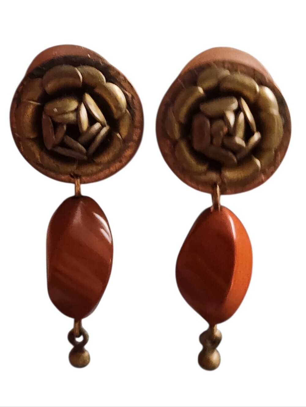 Vintage Bronze Tone Floral Drop Earrings Burnt Orange Stones